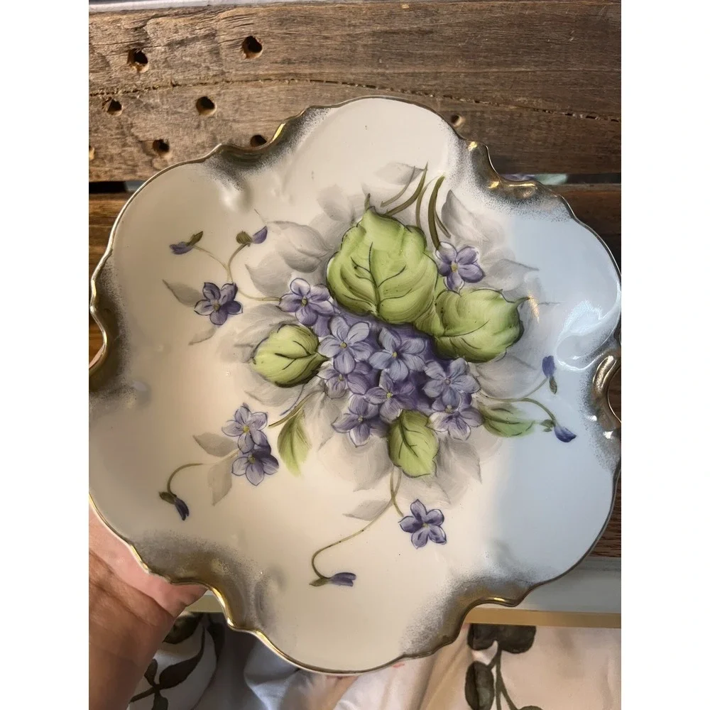 Antique PORCELAIN SMALL FOOTED COMPOTE Violets DECORATION Blue Floral Golden Rim